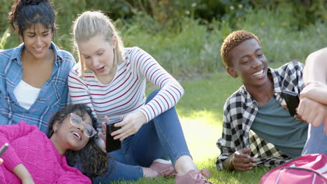 Fröhliche,-Vielfältige-Gruppe-Von-Teenager-Freunden,-Die-Smartphones-Benutzen-Und-Im-Sonnigen-Park-Reden,-Zeitlupe