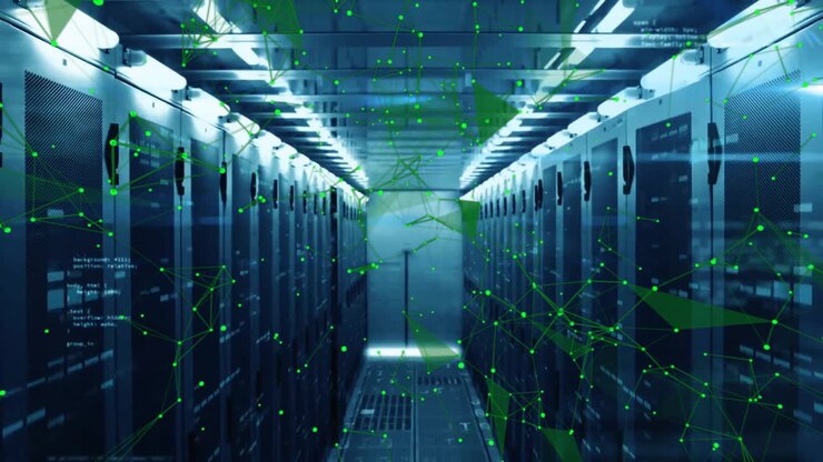 Animation of shapes and data processing over server room