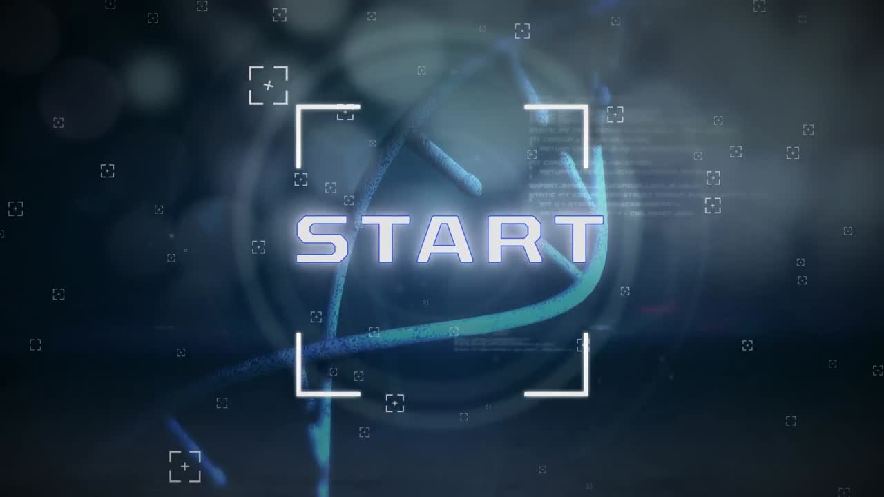 Animation of start and identity text over dna and data processing on black background
