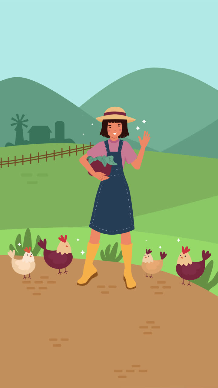 Girl Farmer with Chickens and Cabbage