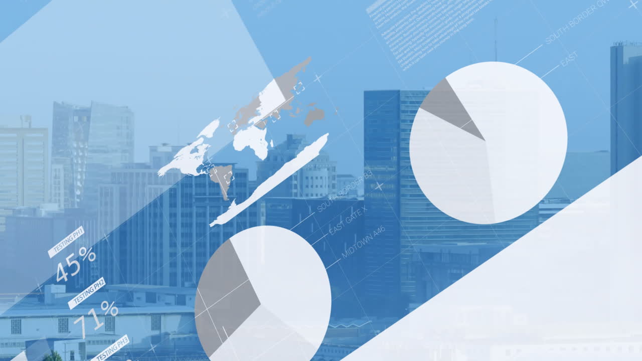 Translucent blue overlays sweeping across city skyline, animating geometric charts and infographics