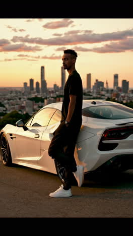 man posing beside a white sports car at sunset