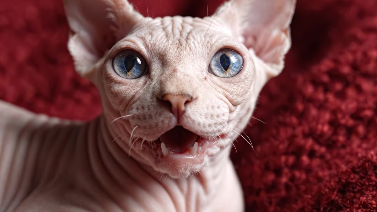 豪華な赤い背景に映える、独特の容姿と表情豊かな目が魅力的なスフィンクス猫のクローズアップ。