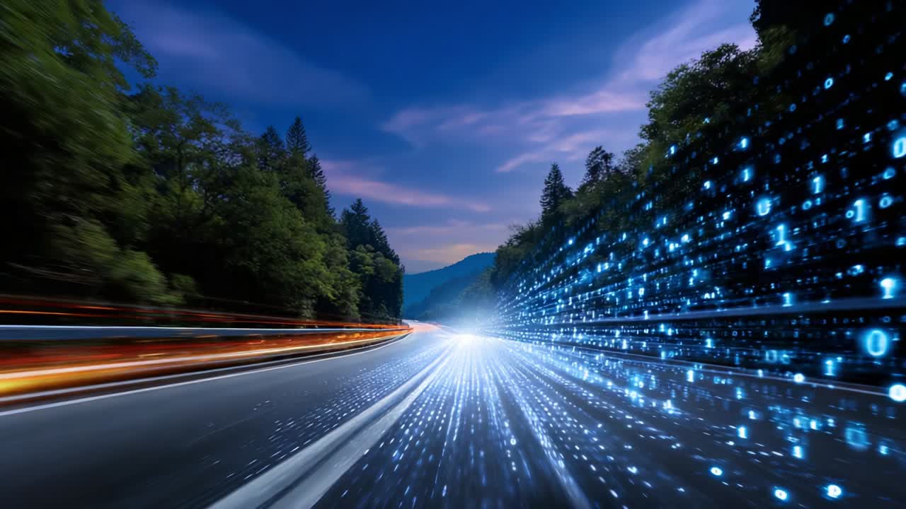 A Visual Representation of Speed and Technology: A Highway at Dusk Transformed by Dynamic Digital Elements Highlighting the Intersection of Nature and Innovative Data Flow in a Futuristic Context