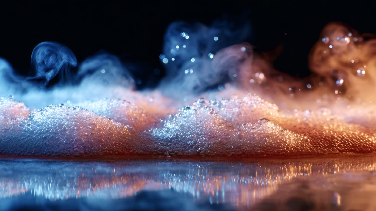 A close-up view of vibrant bubbles and colorful vapor creating a mesmerizing visual display, showcasing the beauty of the interaction between fluid textures and light reflections