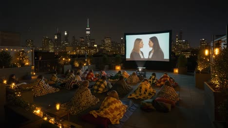 a cozy rooftop movie night under the stars: friends gather enjoying a film with cozy blankets and city views