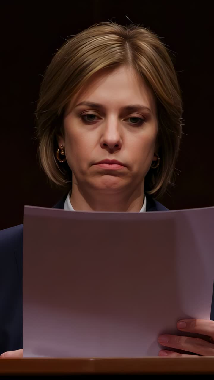 Vertical video: Finishing reading paper, woman lifting gaze at lectern, blazer, collared shirt