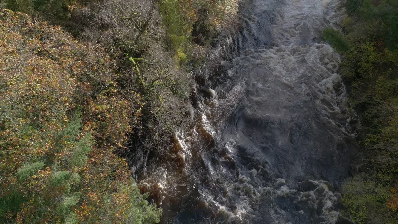 un dron que vuela hacia atrás directamente sobre un río que fluye rápidamente y una cascada se inclina para revelar un bosque de árboles de colores otoñales y un cielo azul