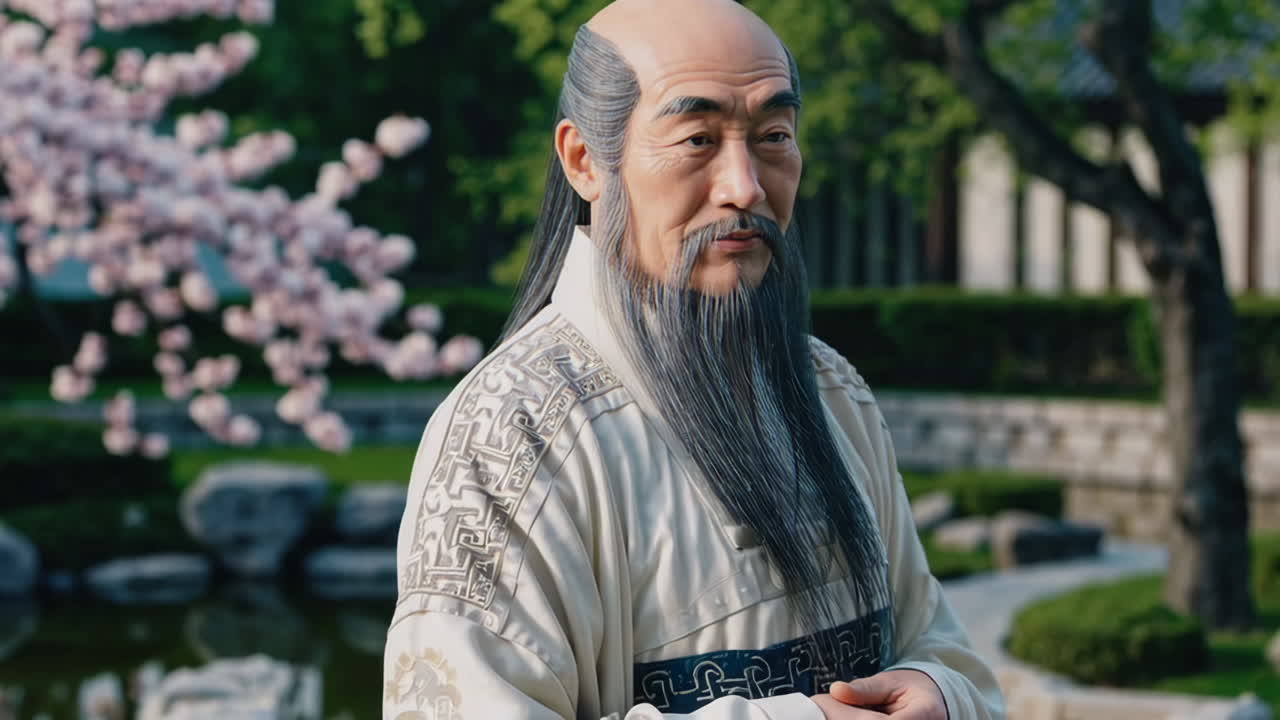 Elderly Man in Traditional Asian Clothing in a Garden
