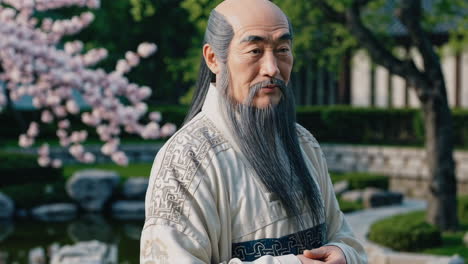 elderly man in traditional asian clothing in a garden