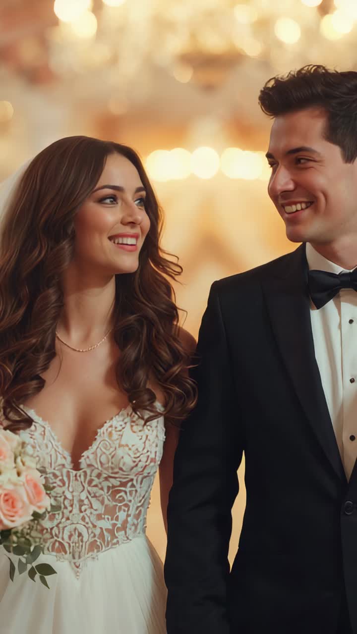 Vídeo vertical: pareja sonriente posando tras la indicación en un salón con lámparas de araña, novia con vestido de encaje y ramo