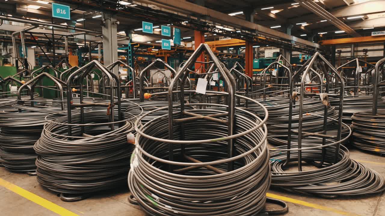 A close-up view of coiled metal cables organized neatly in an industrial warehouse.