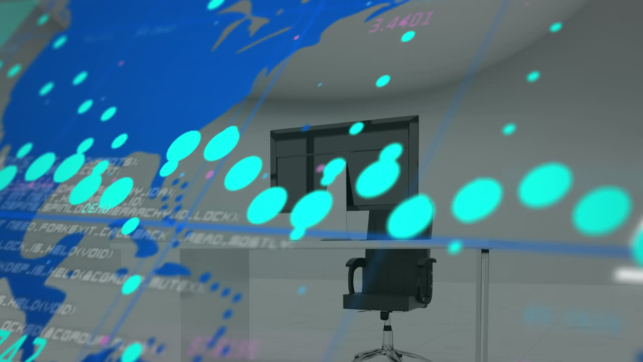 그래프의 애니메이션, 변하는 숫자, 사무실의 책상 위의 비어있는 의자와 데스크 위의 지도