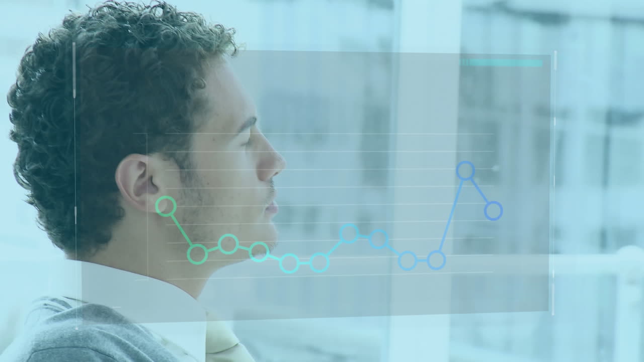 Animation of statistical data processing against portrait of biracial businessman smiling at office