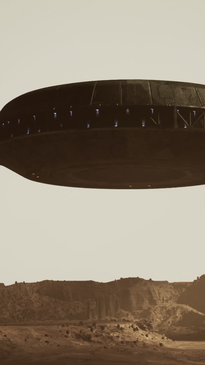 Ufo hovering over beautiful desert landscape at sunset