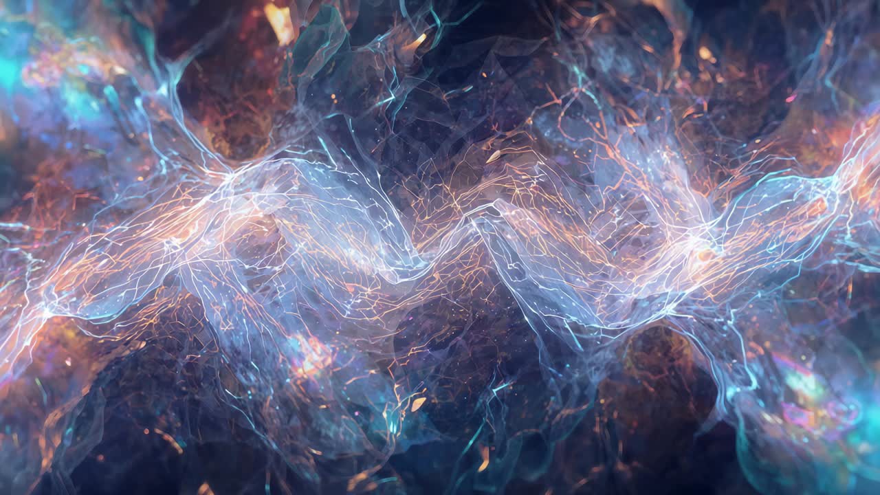 Loop in partenza, nastro traslucido che si increspa lateralmente in una nebulosa scura con scintille e particelle di rame
