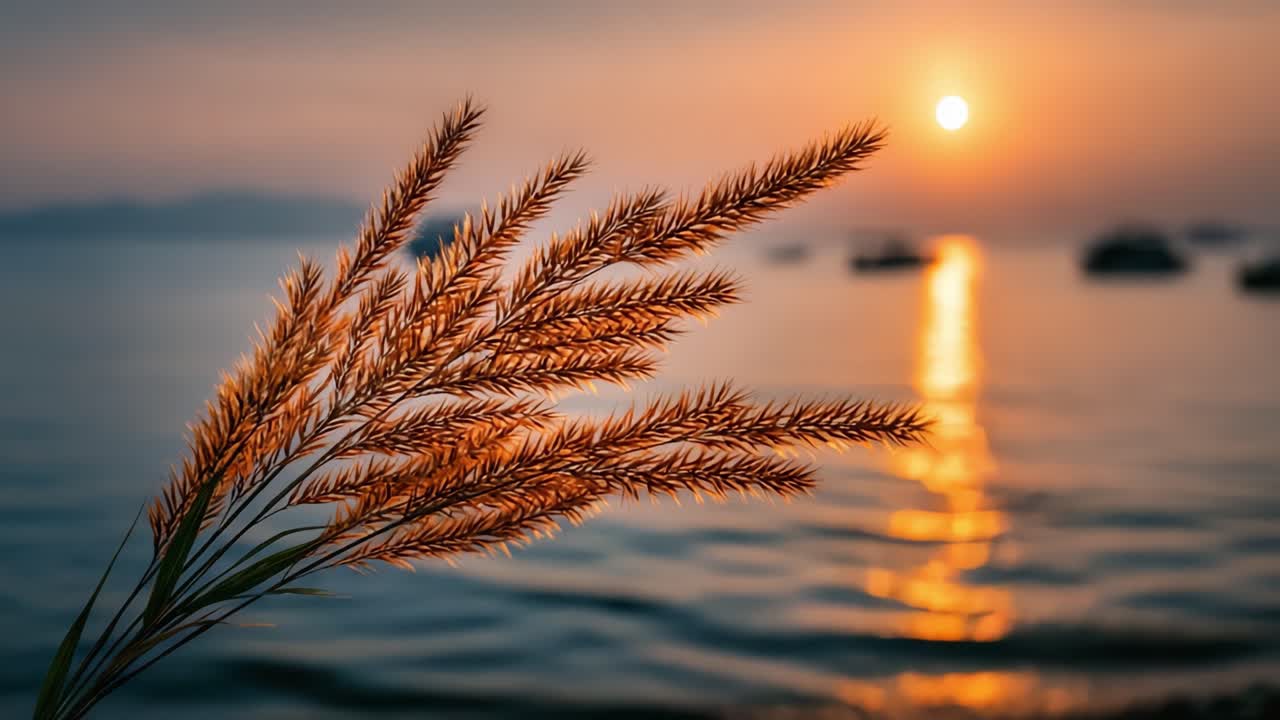 En fredfyldt solnedgang over roligt vand med silhuetgræs, der indfanger essensen af naturens skønhed i et fredfyldt landskab.
