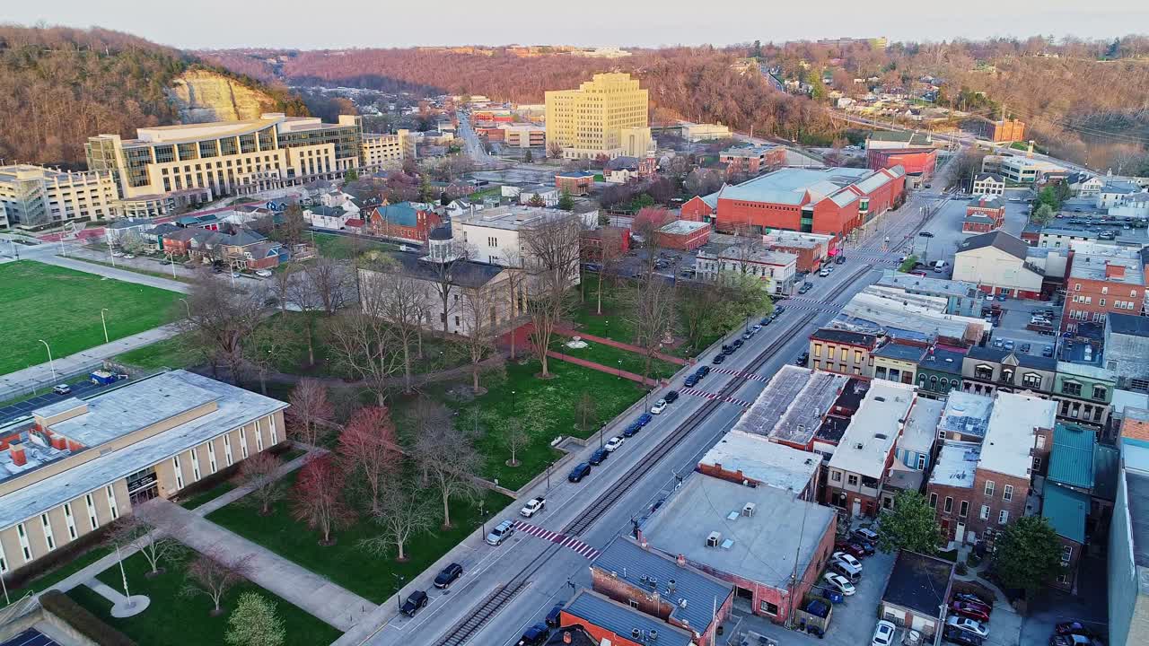 Peaceful City View of Downtown Frankfort in Kentucky USA, Aerial Drone Shot Revealing the Skyline