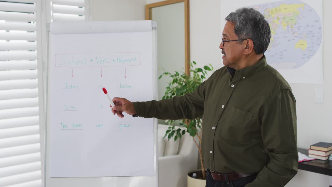 ⁇ 스 인종 남성 영어 교사 가 화이트 보드 에 서서 카메라 에게 온라인 수업 을 하고 있다