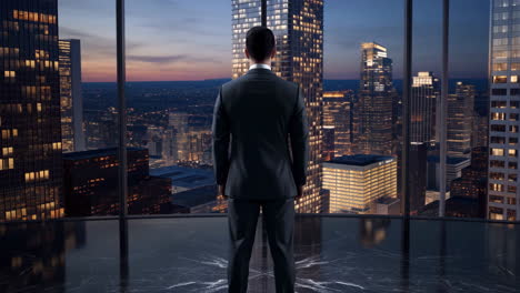 businessman gazing at city skyline from high-rise office at dusk