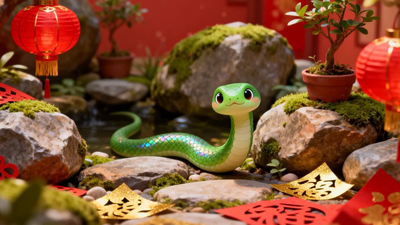 Reazione allo spostamento dell'inquadratura, serpente verde che alza la testa, girando a destra nel giardino da tavolo con lanterne