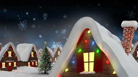 animación de nieve cayendo sobre las casas con luces de hadas
