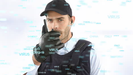 video compuesto digital del virus china italia texto contra hombre hablando por walkie talkie