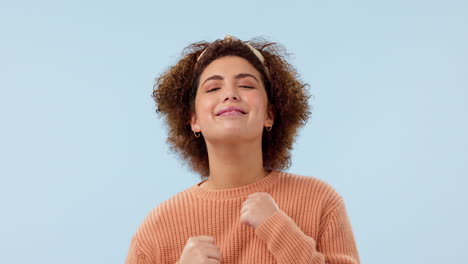 happy dance, woman and face with celebration