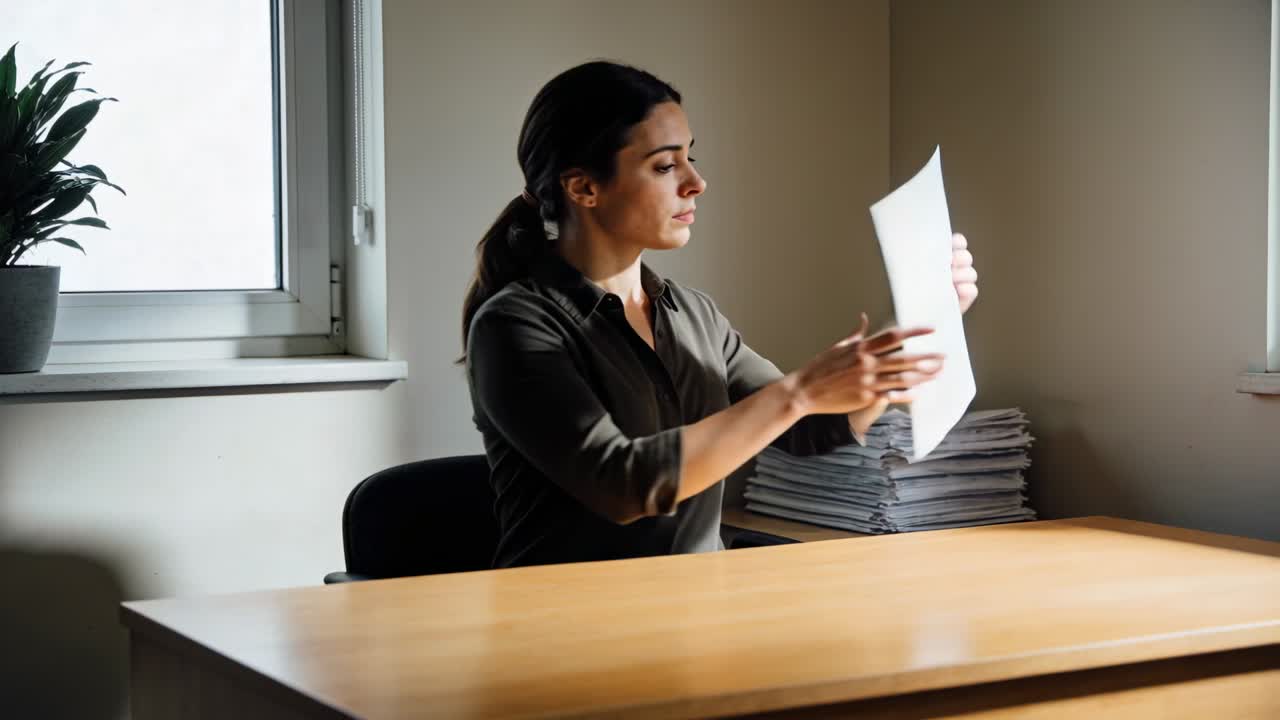 Noticing paper stack, turning admin in olive shirt reaching for it on wooden desk, inspecting sheet