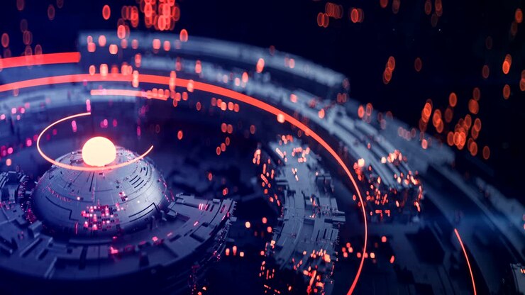 Costruzione tecnica futuristica che ruota in loop continuo, animazione 3D renderizzata