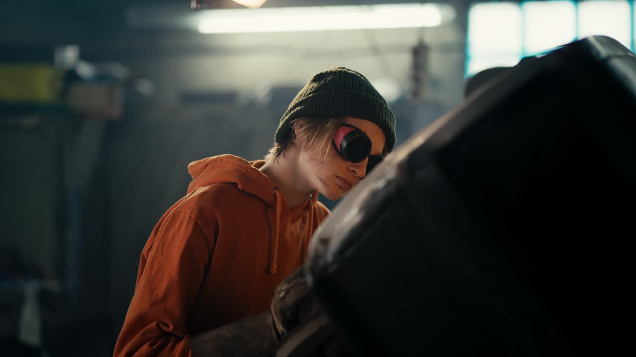 Sparking Passion: A Teenage Mechanic's Journey to Mastery. Teenage mechanic smiling and looking at camera