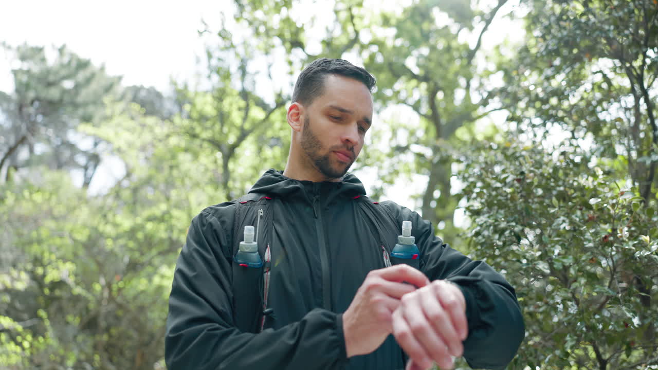 Forest, fitness and runner man smart watch check