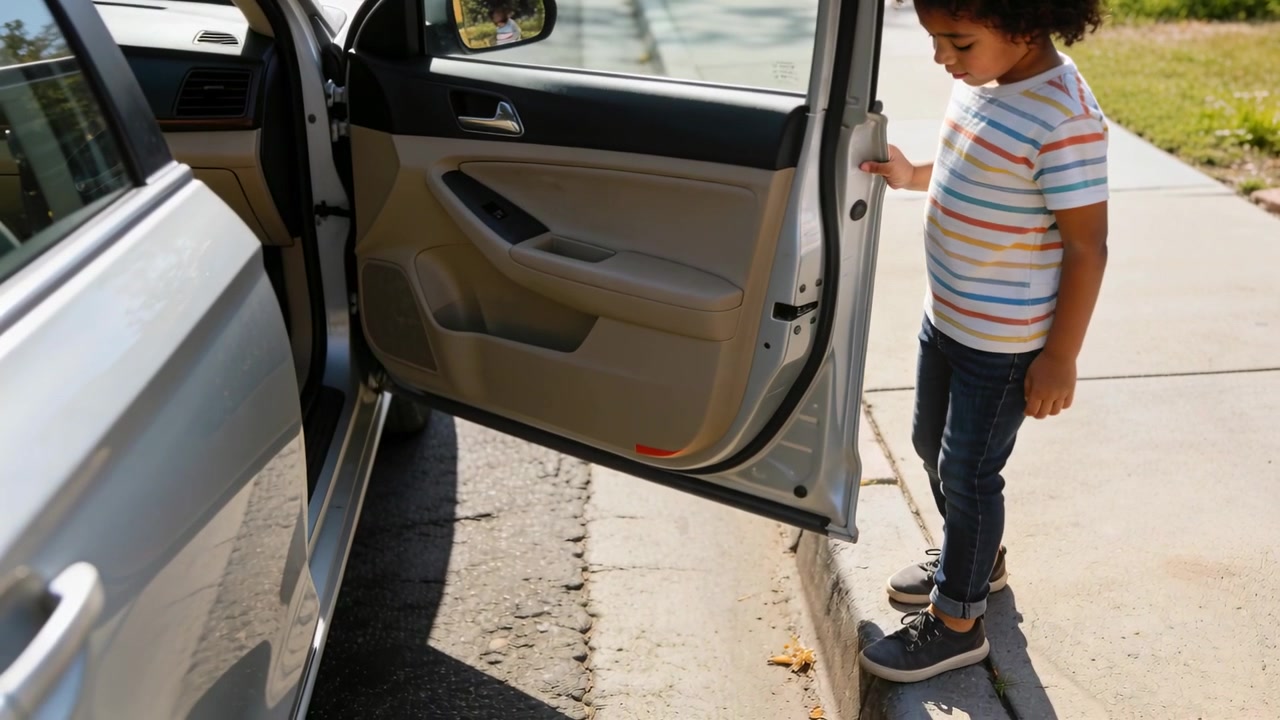 Ragazzo che cammina, con maglietta a righe e jeans, che sale dal marciapiede nella portiera aperta di un'auto passeggeri, spazio per il testo.