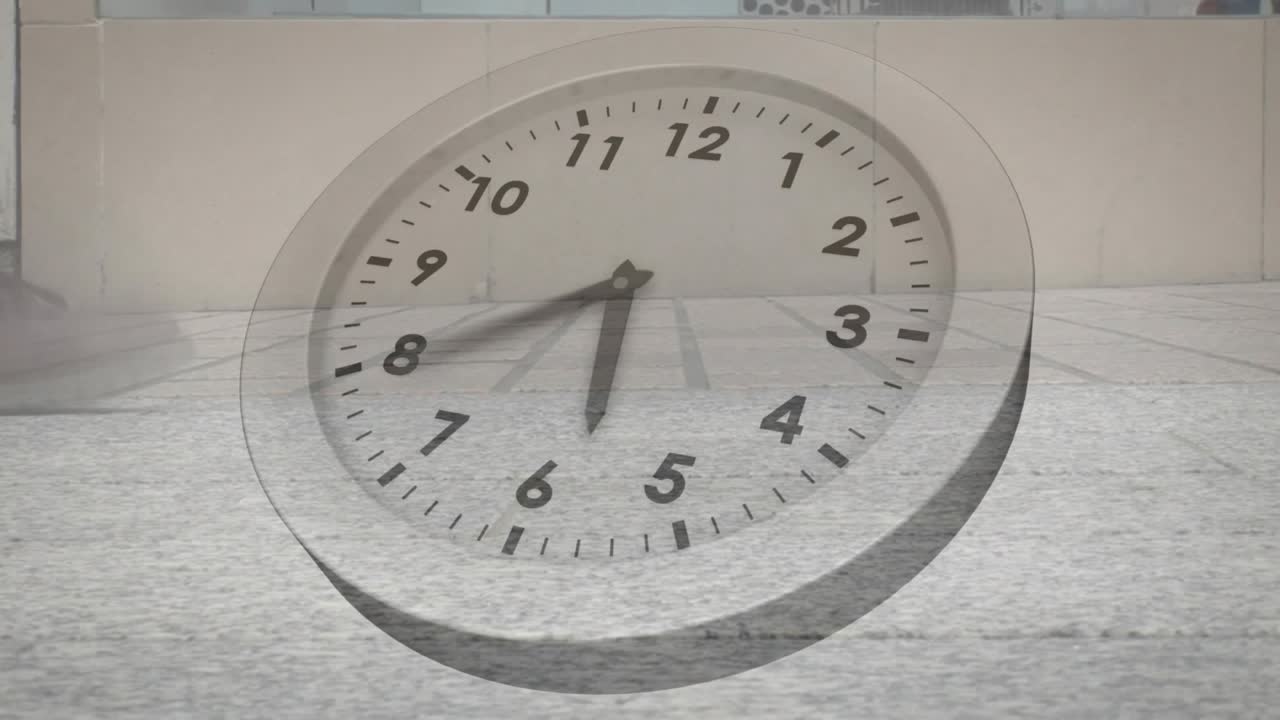 Clock overlay starting as hands sweeping while pedestrians crossing plaza, showing time passing