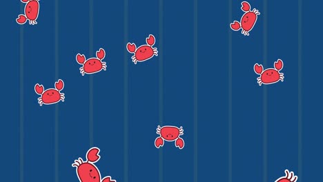 animation of multiple red crabs falling on striped background