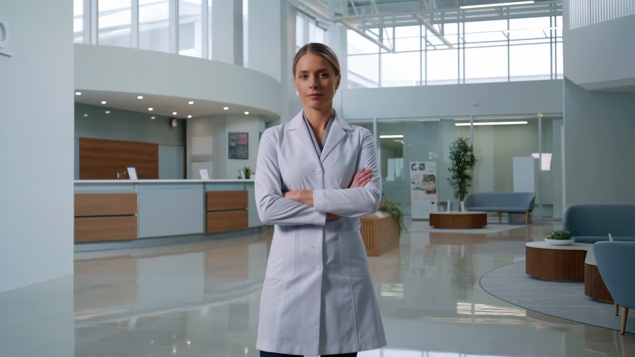 Médica Determinada no Átrio do Hospital, Braços Cruzados, Expressão Focada, Átrio Contemporâneo Iluminado por Claraboia