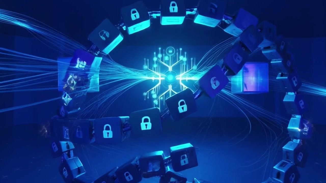 Digital Blockchain Network Connecting Data Cubes and Security Icons