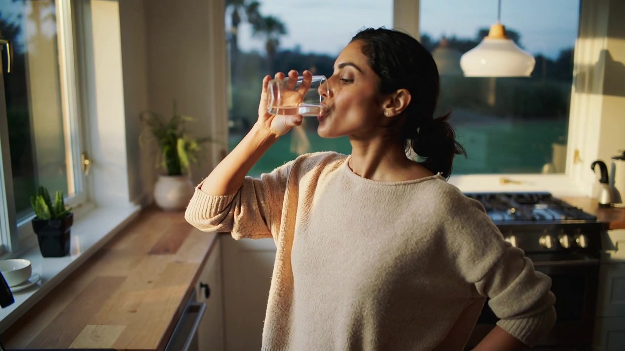 Gazing out window, woman drinking water from clear glass at kitchen counter, wearing knit sweater