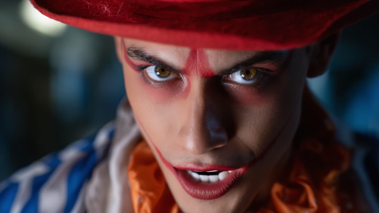 Ritratto intenso di un clown: un duetto di emozioni, da disagio a espressività, catturato in due fotogrammi, che mette in risalto la profondità del personaggio e della performance artistica