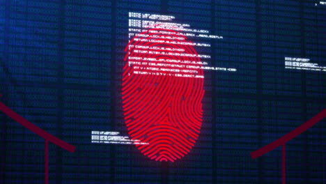 animación de escaneo biométrico de huellas dactilares sobre el procesamiento de datos en la pantalla de interfaz oscura