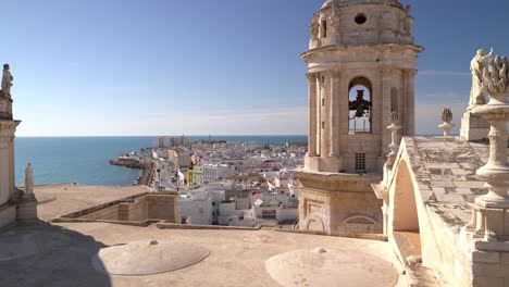 panoramic view over cadiz cathedral with road and ocean