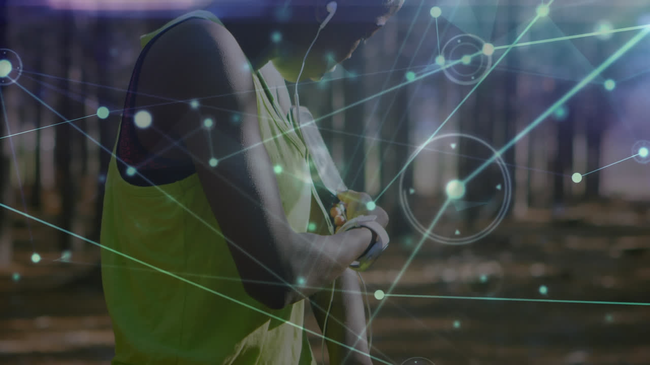 Animation of network of connections over woman exercising in forest