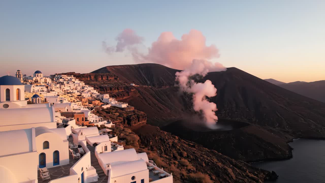 Picturesque Village near an Active Volcano at Sunset