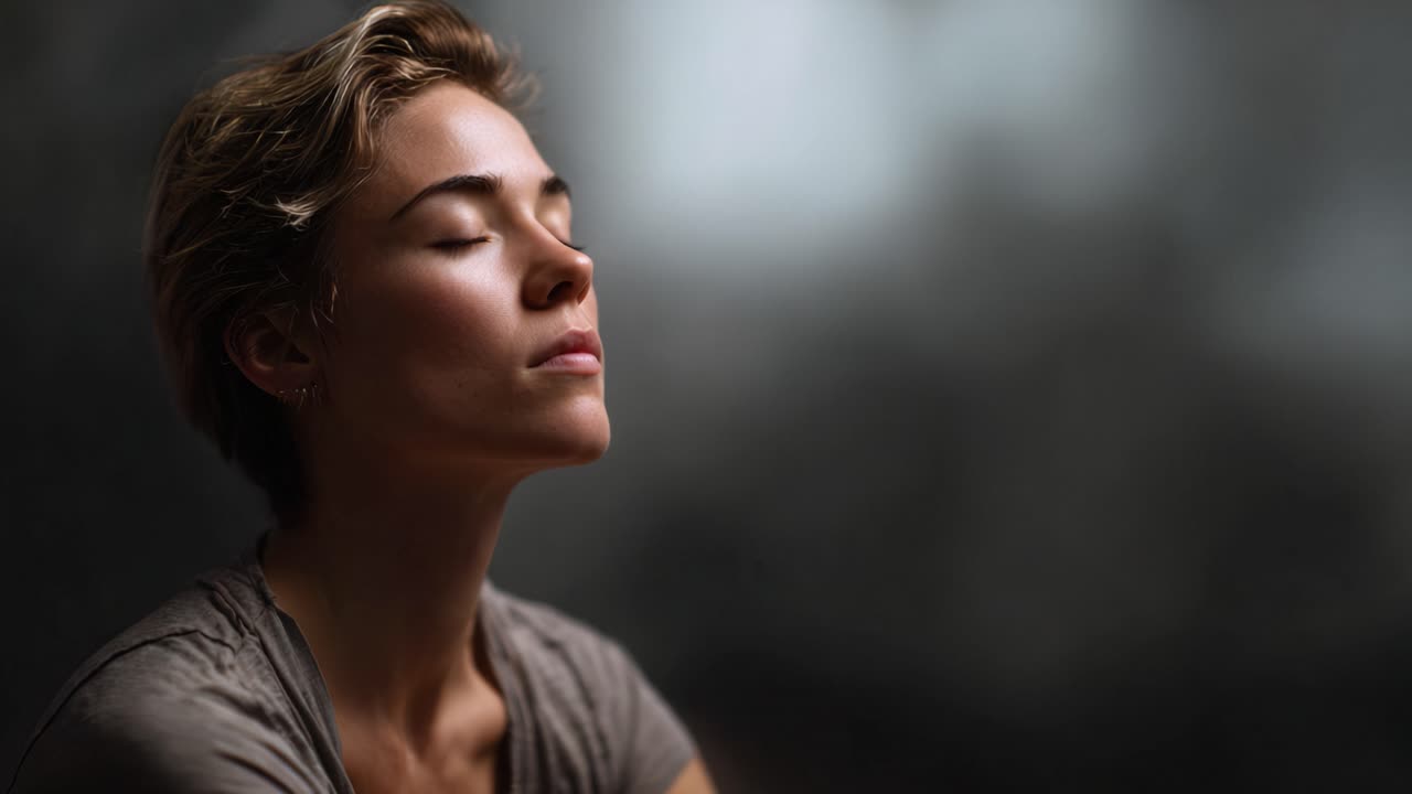 Un Momento Introspettivo: Un primo piano di una donna in posa meditativa con gli occhi chiusi, che emana calma e serenità su uno sfondo scuro sfocato