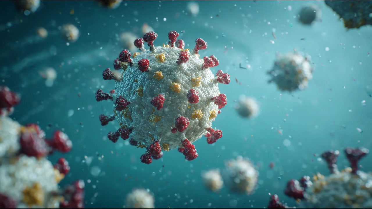 Detailed Viral Particle Floating With Smaller Particles in Microscopic Visualization