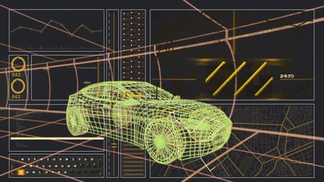 Animation-of-3d-model-of-car-in-tunnel-over-graph,-loading-circles-and-navigation-pattern