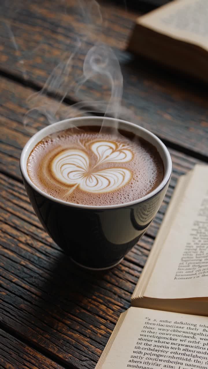 Aerial view of a steaming latte with heart art, surrounded by open books on a rustic table
