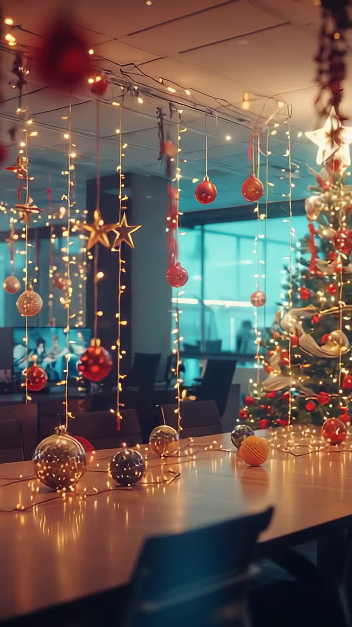 Vertical video: Pulling back camera revealing baubles and lights over table, showing office decor