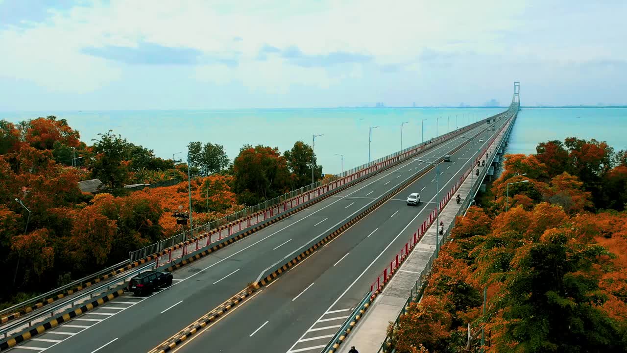 Aerial drone view of long bridge stretching over calm water with autumn colored trees and distant city skyline near Benoa Harbour, capturing wide coastal scene and smooth traffic flow in Bali