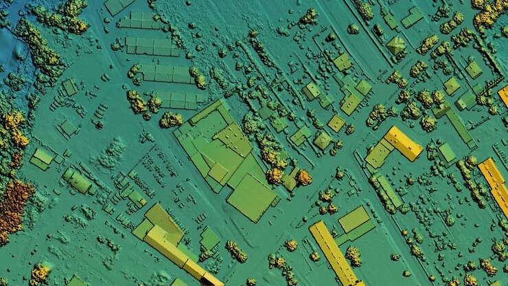 Animated map of urban city area with coloured geospatial data for GIS usage